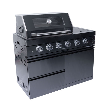 Castelle Flame Ember Premium Black Stainless Steel 4-Burner Liquid Propane Kitchen Grill Island With Rotisserie Kit (SAK48157) - Outdoor Kitchen Islands | Patioza