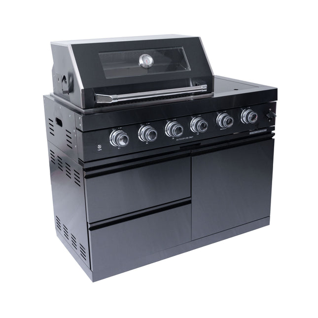 Castelle Flame Ember Premium Black Stainless Steel 4-Burner Liquid Propane Kitchen Grill Island With Rotisserie Kit (SAK48157) - Outdoor Kitchen Islands | Patioza