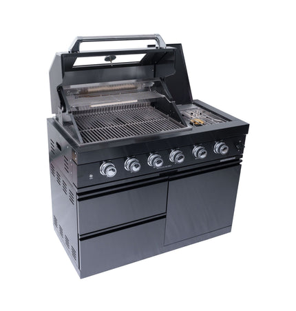 Castelle Flame Ember Premium Black Stainless Steel 4-Burner Liquid Propane Kitchen Grill Island With Rotisserie Kit (SAK48157) - Outdoor Kitchen Islands | Patioza