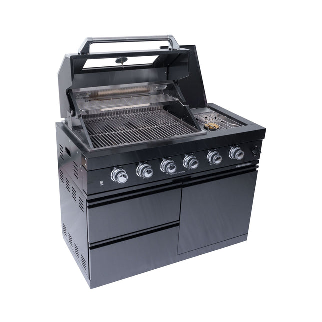 Castelle Flame Ember Premium Black Stainless Steel 4-Burner Liquid Propane Kitchen Grill Island With Rotisserie Kit (SAK48157) - Outdoor Kitchen Islands | Patioza