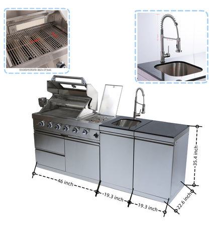 Castelle Flame Aurelia 46-Inch 4-Burner 72K BTU Outdoor BBQ Kitchen Grill Island with Rotisserie Kit and Cabinets
