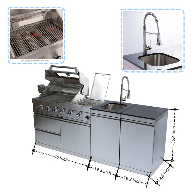 Castelle Flame Aurelia 46-Inch 4-Burner 72K BTU Outdoor BBQ Kitchen Grill Island with Rotisserie Kit and Cabinets