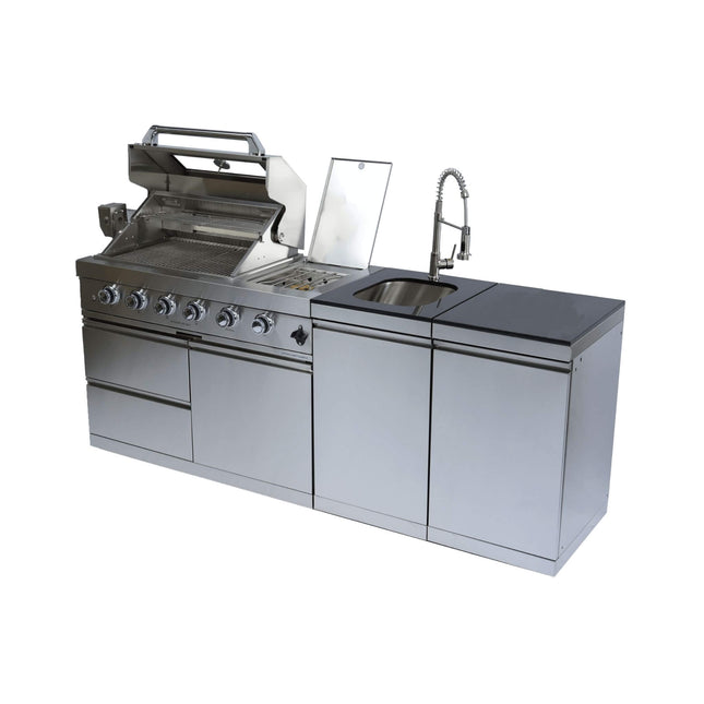 Castelle Flame Aurelia 46-Inch 4-Burner 72K BTU Outdoor BBQ Kitchen Grill Island with Rotisserie Kit and Cabinets