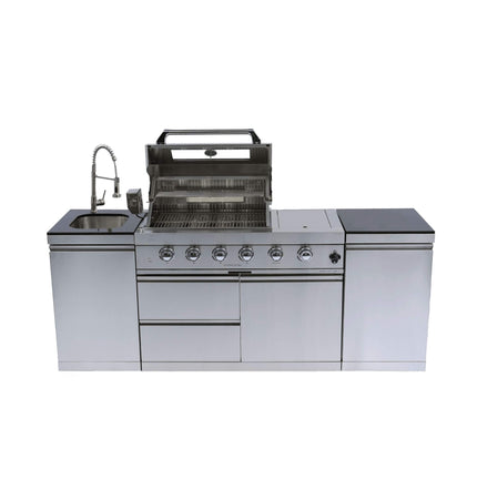 Castelle Flame Aurelia 46-Inch 4-Burner 72K BTU Outdoor BBQ Kitchen Grill Island with Rotisserie Kit and Cabinets