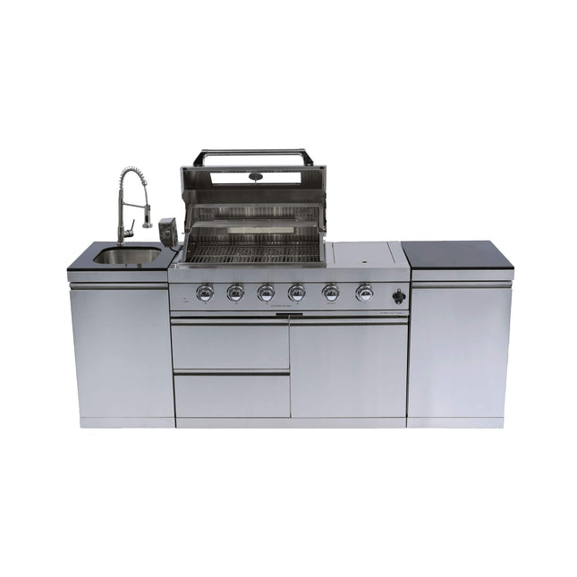 Castelle Flame Aurelia 46-Inch 4-Burner 72K BTU Outdoor BBQ Kitchen Grill Island with Rotisserie Kit and Cabinets