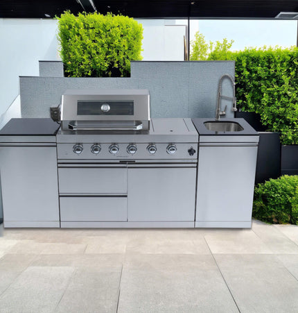 Castelle Flame Aurelia 46-Inch 4-Burner 72K BTU Outdoor BBQ Kitchen Grill Island with Rotisserie Kit and Cabinets