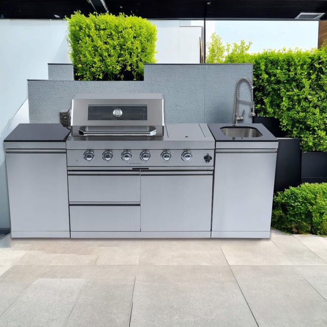 Castelle Flame Aurelia 46-Inch 4-Burner 72K BTU Outdoor BBQ Kitchen Grill Island with Rotisserie Kit and Cabinets