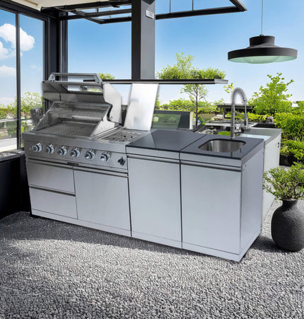 Castelle Flame Aurelia 46-Inch 4-Burner 72K BTU Outdoor BBQ Kitchen Grill Island with Rotisserie Kit and Cabinets