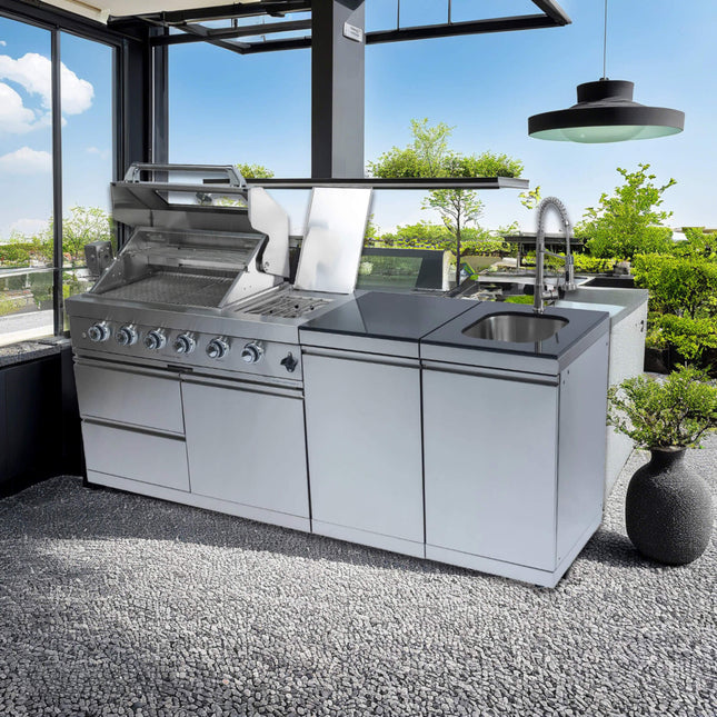 Castelle Flame Aurelia 46-Inch 4-Burner 72K BTU Outdoor BBQ Kitchen Grill Island with Rotisserie Kit and Cabinets