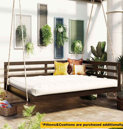 Acacia Wood Porch Swing Bed for Outdoor with Hemp Ropes - Full Size - Garden | Patioza