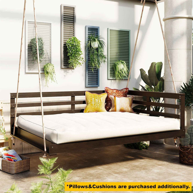 Acacia Wood Porch Swing Bed for Outdoor with Hemp Ropes - Full Size - Garden | Patioza