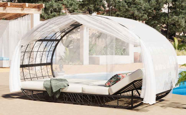 90.55" Outdoor Patio Daybed with Curtain, Sunbed with Cushion and - Furniture | Patioza
