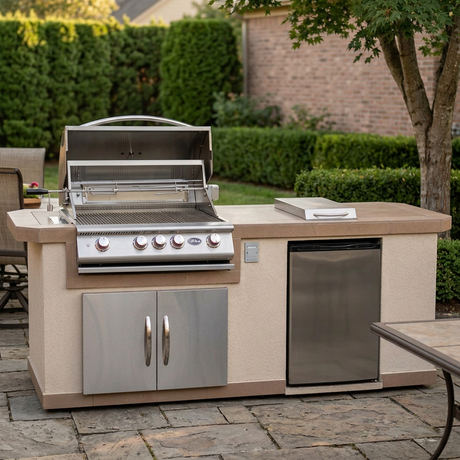 Clean photorealistic backyard photo of the Cal Flame Atlantic Q 8 Ft. BBQ Grill Island with no food or accessories