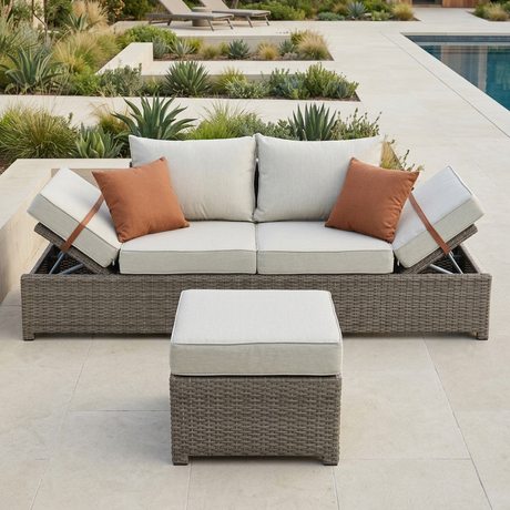 Close-up poolside lifestyle image of the Salena sofa and matching ottoman