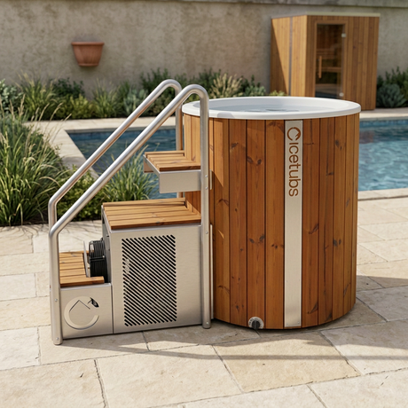 Cold plunge lifestyle image with a pool and sauna in the background