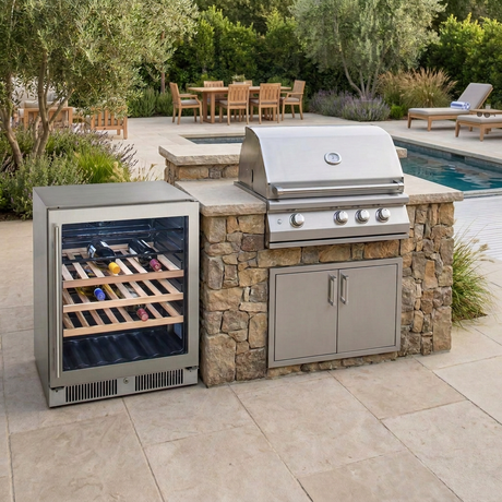 Cooler fitted beneath a continuous outdoor kitchen countertop beside the grill