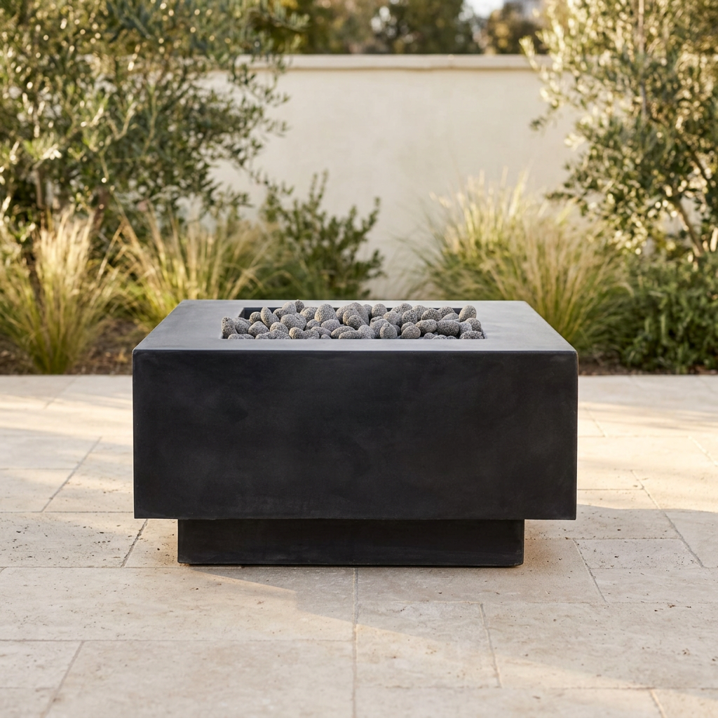 Cubo concrete fire bowl in a softly lit limestone courtyard