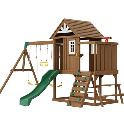 Wooden Swing Set 9 IN 1 Outdoor Playground Sets 6 FT Slide Upper Fort - Sports & Outdoor | Patioza