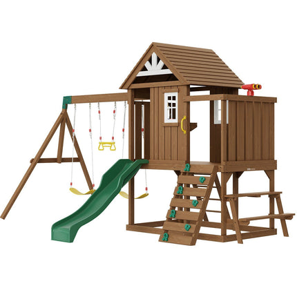 Wooden Swing Set 9 IN 1 Outdoor Playground Sets 6 FT Slide Upper Fort - Sports & Outdoor | Patioza