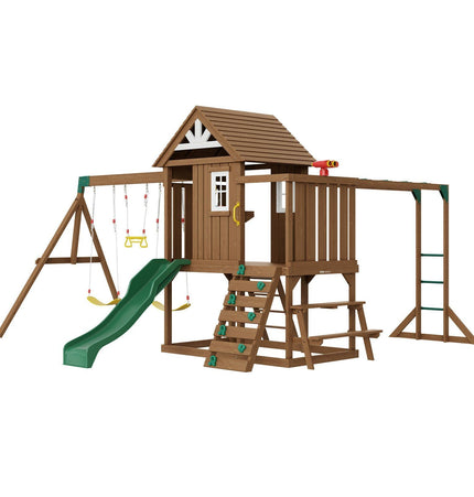 Wooden Swing Set 10 IN 1 Outdoor Playground Sets 6 FT Slide Upper Fort - Sports & Outdoor | Patioza