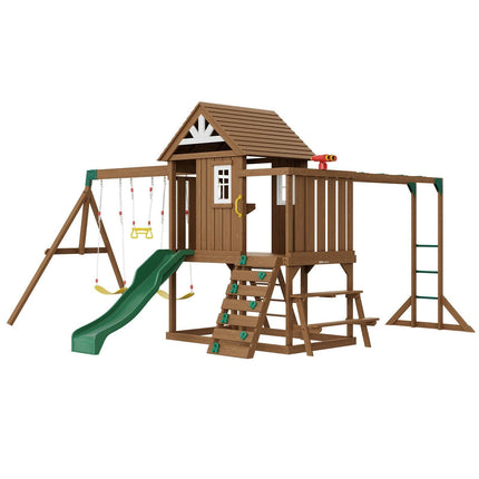 Wooden Swing Set 10 IN 1 Outdoor Playground Sets 6 FT Slide Upper Fort - Sports & Outdoor | Patioza