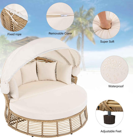Outdoor Patio Rattan Round Daybed with Retractable Canopy, Wicker - Furniture | Patioza