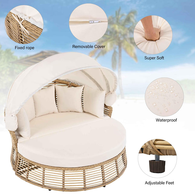 Outdoor Patio Rattan Round Daybed with Retractable Canopy, Wicker - Furniture | Patioza