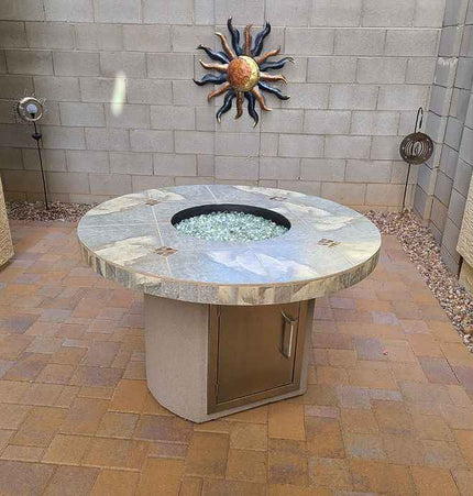 Bahama Outdoor Fire Table - 35,000 BTU Round Dining Height for LP/NG/Wood Use - Patio Furniture | Patioza