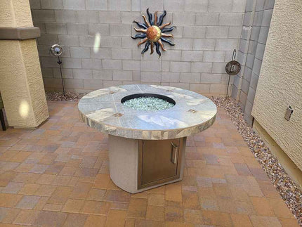 Bahama Outdoor Fire Table - 35,000 BTU Round Dining Height for LP/NG/Wood Use - Patio Furniture | Patioza