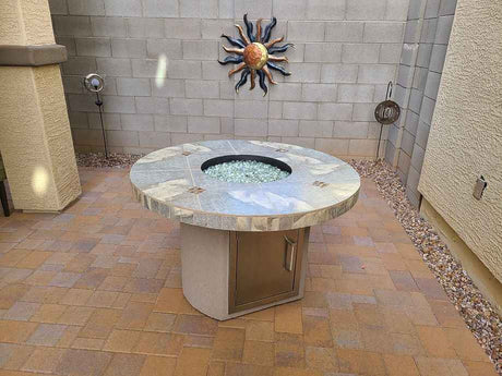 Bahama Outdoor Fire Table - 35,000 BTU Round Dining Height for LP/NG/Wood Use - Patio Furniture | Patioza
