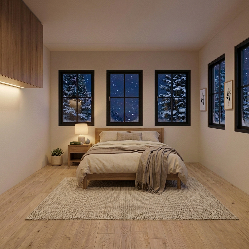 Decorated snowy-night bedroom concept