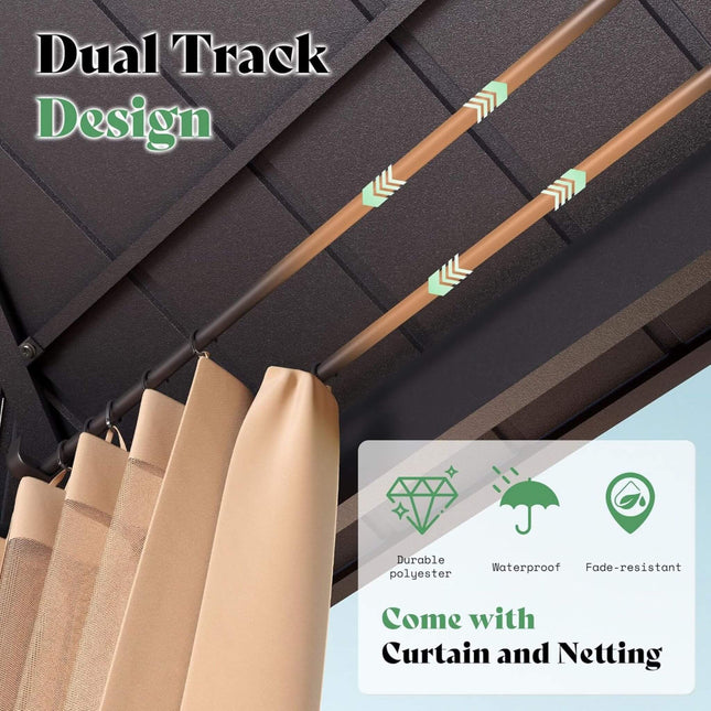 [13X15FT] Alora Double - Tier Hexagonal Metal Hardtop Patio Gazebo With Curtains (SAK84137) - Gazebos | Patioza