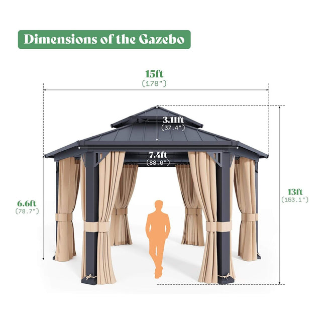[13X15FT] Alora Double - Tier Hexagonal Metal Hardtop Patio Gazebo With Curtains (SAK84137) - Gazebos | Patioza