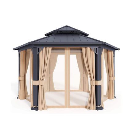 [13X15FT] Alora Double - Tier Hexagonal Metal Hardtop Patio Gazebo With Curtains (SAK84137) - Gazebos | Patioza