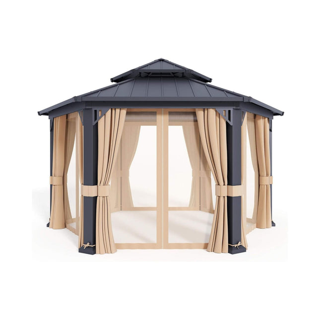 [13X15FT] Alora Double - Tier Hexagonal Metal Hardtop Patio Gazebo With Curtains (SAK84137) - Gazebos | Patioza