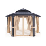 [13X15FT] Alora Double - Tier Hexagonal Metal Hardtop Patio Gazebo With Curtains (SAK84137) - Gazebos | Patioza