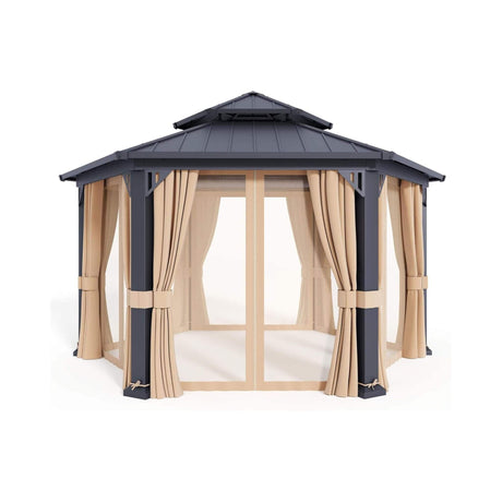 [13X15FT] Alora Double - Tier Hexagonal Metal Hardtop Patio Gazebo With Curtains (SAK84137) - Gazebos | Patioza