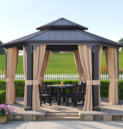 [13X15FT] Alora Double - Tier Hexagonal Metal Hardtop Patio Gazebo With Curtains (SAK84137) - Gazebos | Patioza