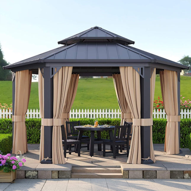 [13X15FT] Alora Double - Tier Hexagonal Metal Hardtop Patio Gazebo With Curtains (SAK84137) - Gazebos | Patioza