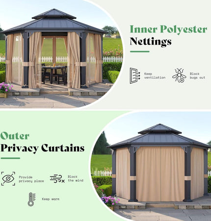 [13X15FT] Alora Double - Tier Hexagonal Metal Hardtop Patio Gazebo With Curtains (SAK84137) - Gazebos | Patioza