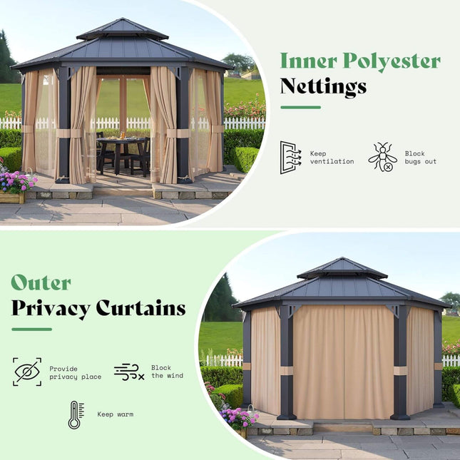 [13X15FT] Alora Double - Tier Hexagonal Metal Hardtop Patio Gazebo With Curtains (SAK84137) - Gazebos | Patioza