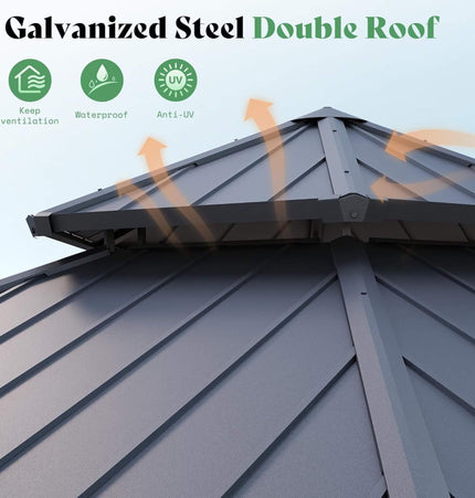 [13X15FT] Alora Double - Tier Hexagonal Metal Hardtop Patio Gazebo With Curtains (SAK84137) - Gazebos | Patioza