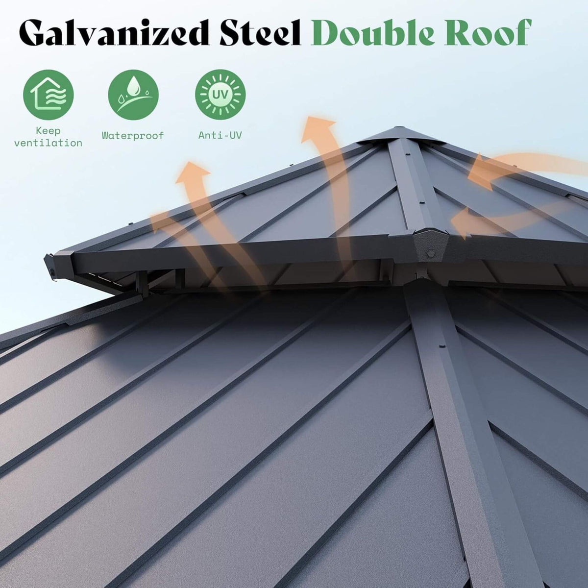[13X15FT] Alora Double - Tier Hexagonal Metal Hardtop Patio Gazebo With Curtains (SAK84137) - Gazebos | Patioza
