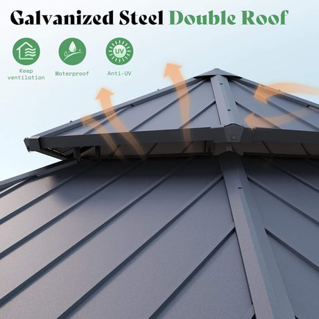 [13X15FT] Alora Double - Tier Hexagonal Metal Hardtop Patio Gazebo With Curtains (SAK84137) - Gazebos | Patioza