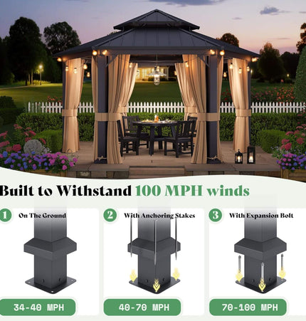 [13X15FT] Alora Double - Tier Hexagonal Metal Hardtop Patio Gazebo With Curtains (SAK84137) - Gazebos | Patioza