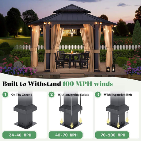 [13X15FT] Alora Double - Tier Hexagonal Metal Hardtop Patio Gazebo With Curtains (SAK84137) - Gazebos | Patioza