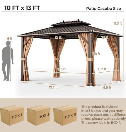 10x13ft Double - Roof Patio Hardtop Gazebo with Galvanized Steel Roof Netting and Curtains - Coffee - Gazebos | Patioza