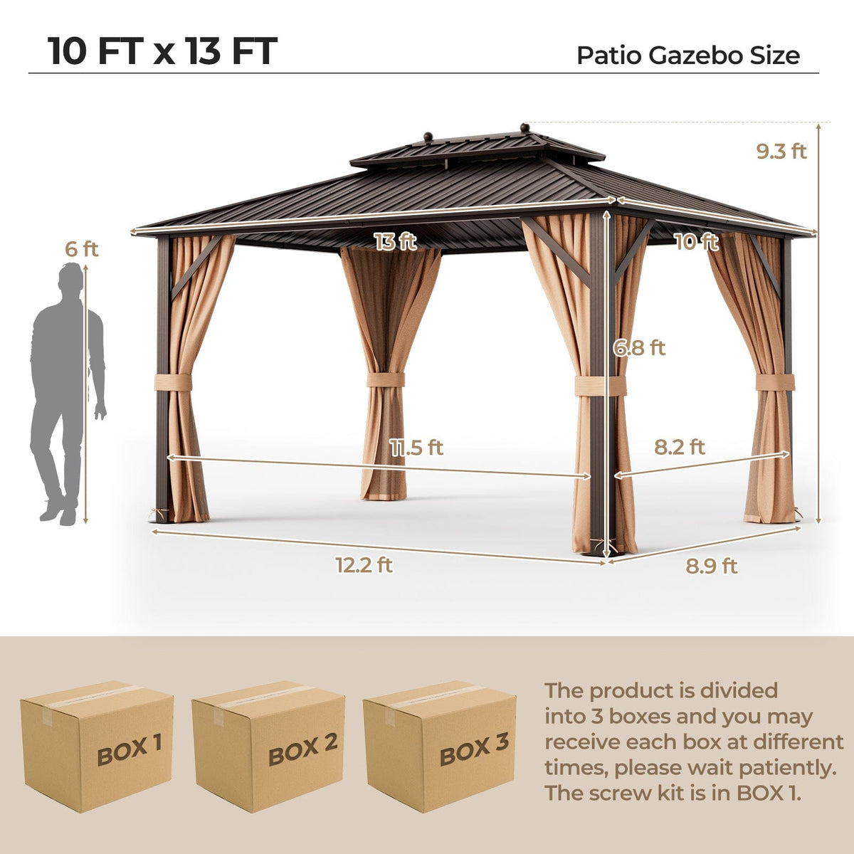 10x13ft Double - Roof Patio Hardtop Gazebo with Galvanized Steel Roof Netting and Curtains - Coffee - Gazebos | Patioza