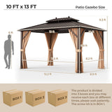 10x13ft Double - Roof Patio Hardtop Gazebo with Galvanized Steel Roof Netting and Curtains - Coffee - Gazebos | Patioza