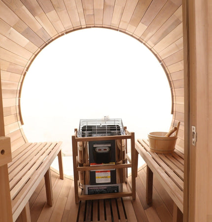 Blisspod, Prague, Canadian Red Cedar Outdoor Steam Barell Sauna, 2 - 4 / 4 - 6 persons with Full Glass Back & 2 front Porch seats - Saunas | Patioza